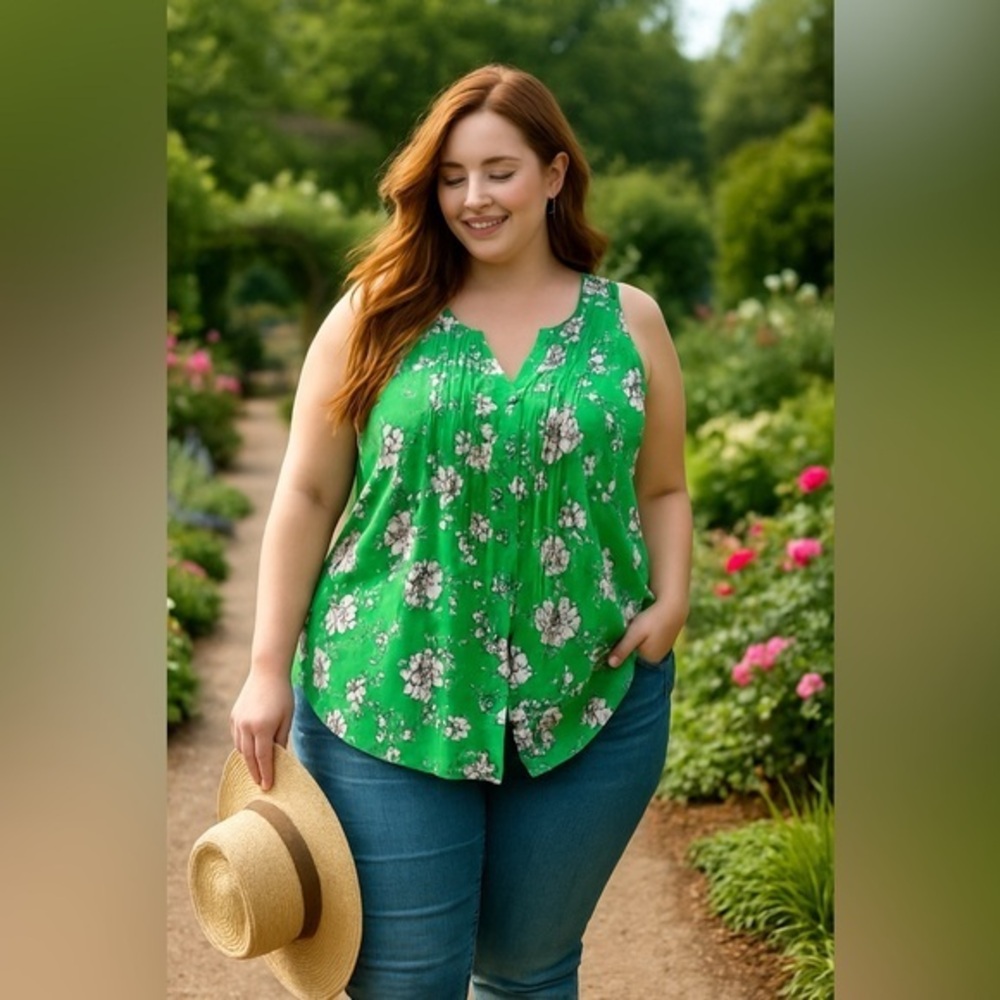 Torrid Green Casual Floral Pintuck Sleeveless Summer Tank GUC Size 3 (3X) #965